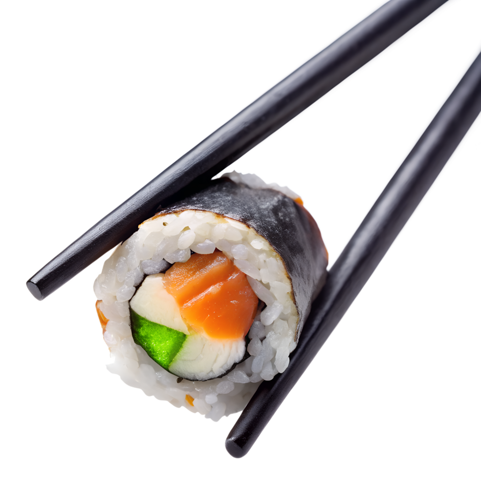 Sushi Roll with Salmon, Cucumber, Rice and Nori seaweed with Chopsticks on Transparent Background png