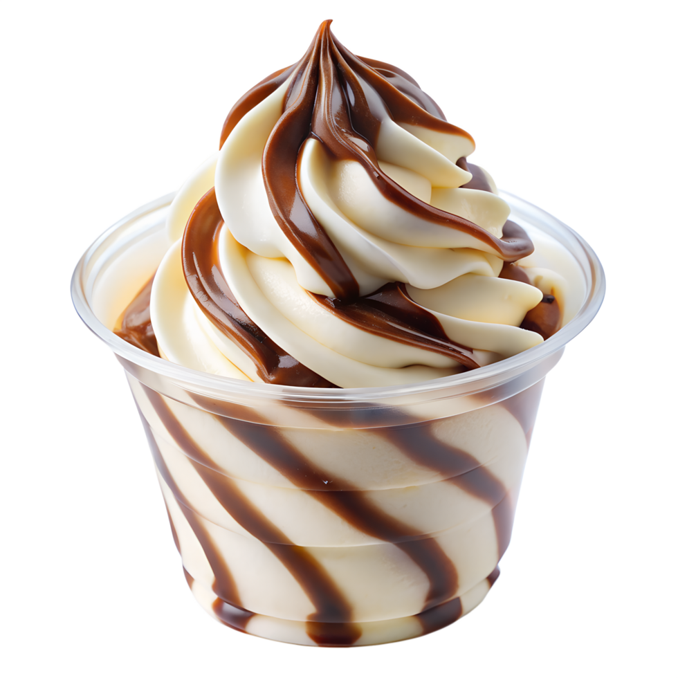 Vanilla Ice Cream Cup with Chocolate Syrup in Clear Plastic Container transparent bg png