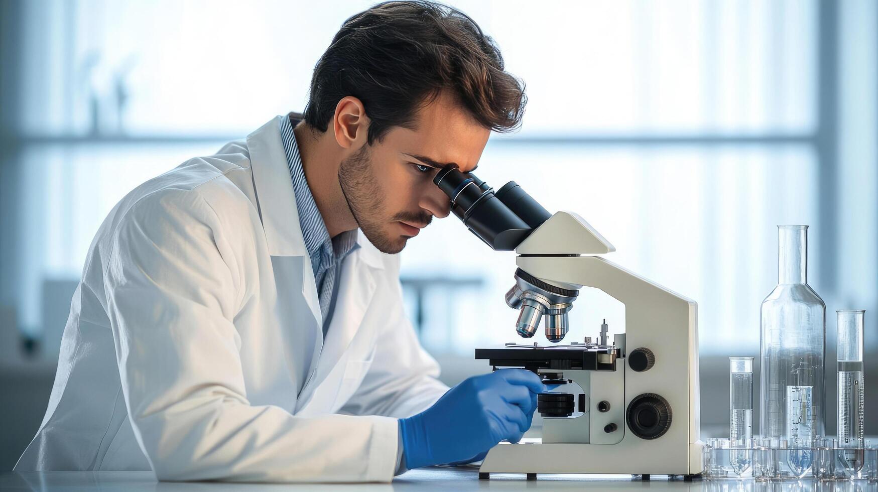 young male scientist in a white coat looks closely into a microscope photo