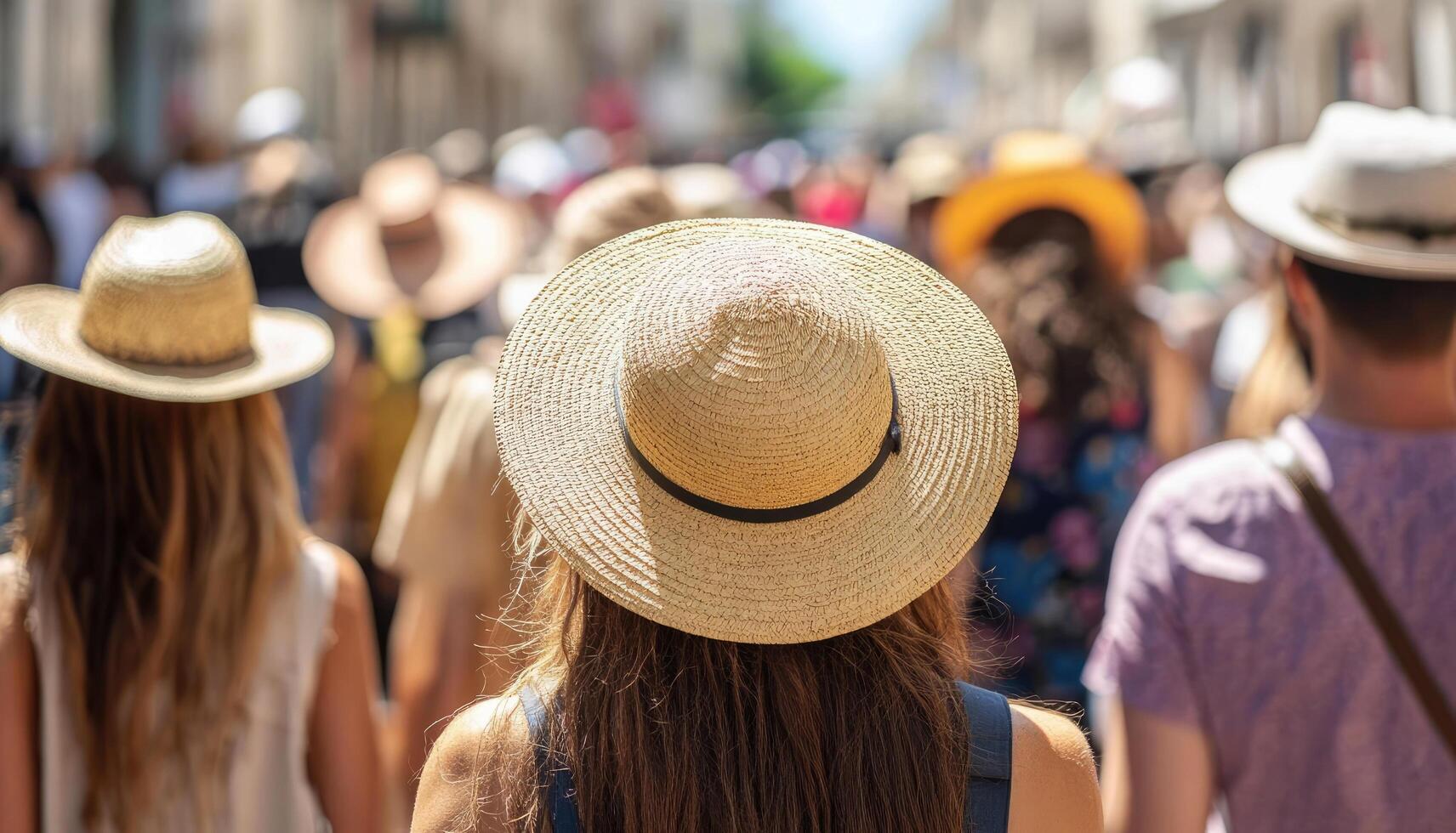 Summer stroll through a vibrant street filled with people wearing straw hats photo
