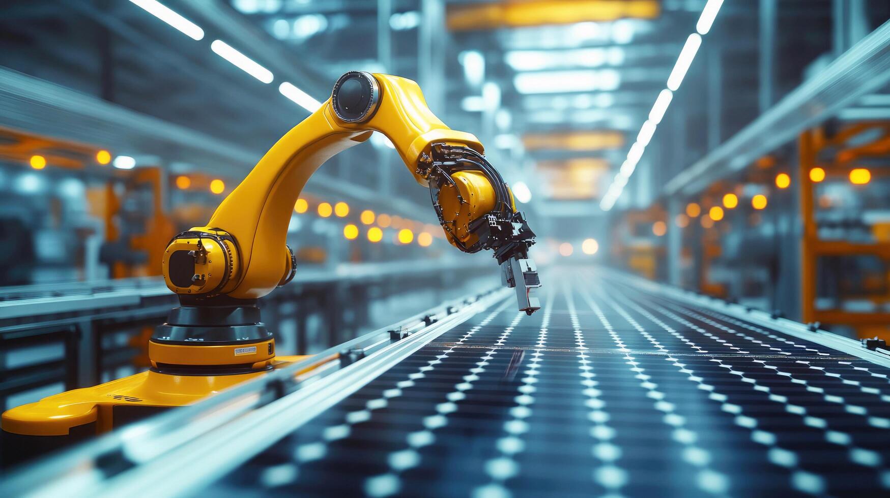 An industrial robotic arm assembles solar panel components on a production line at a factory photo