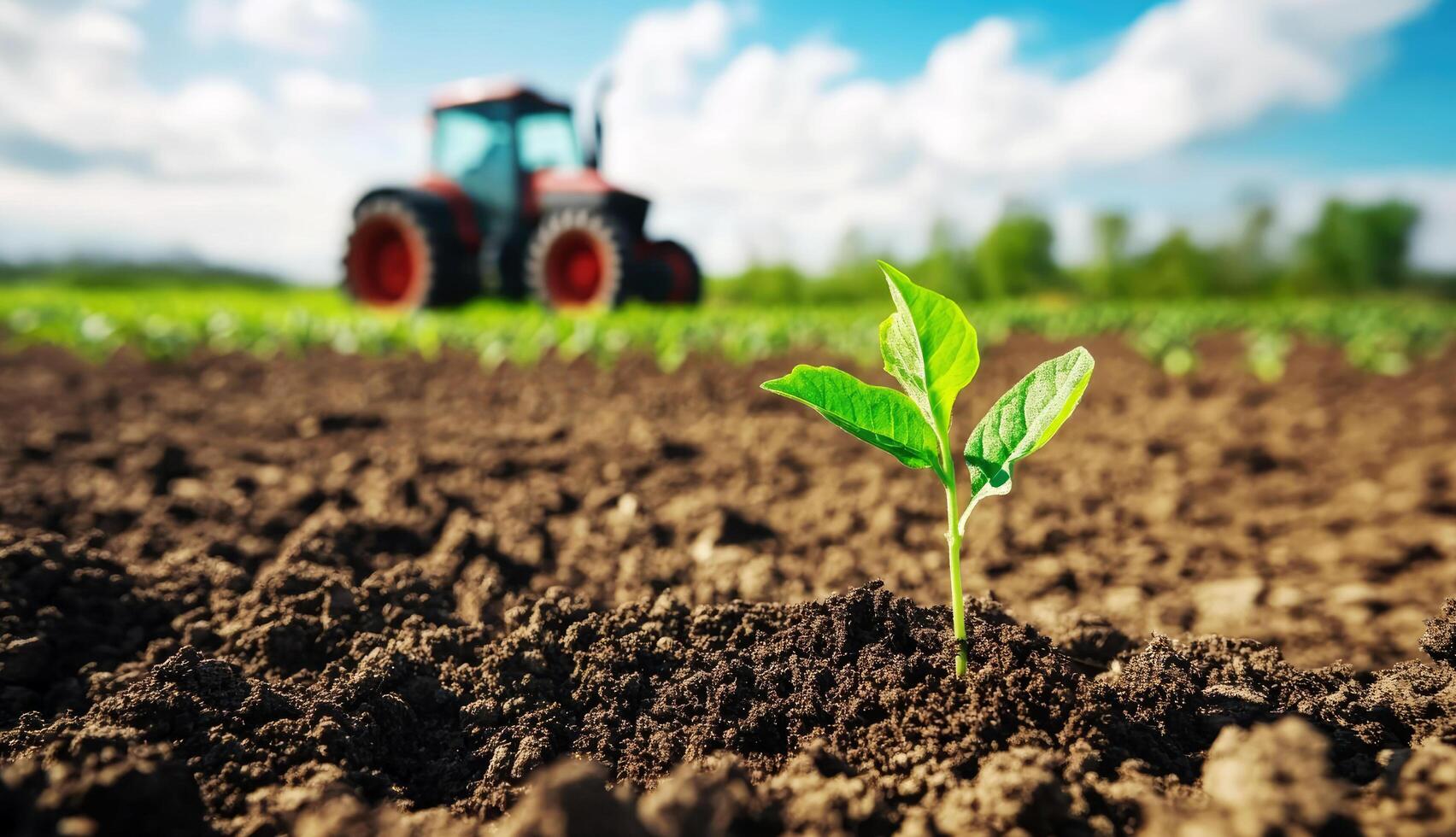 New plant sprout emerges from rich soil with tractor working in the background on a sunny day photo