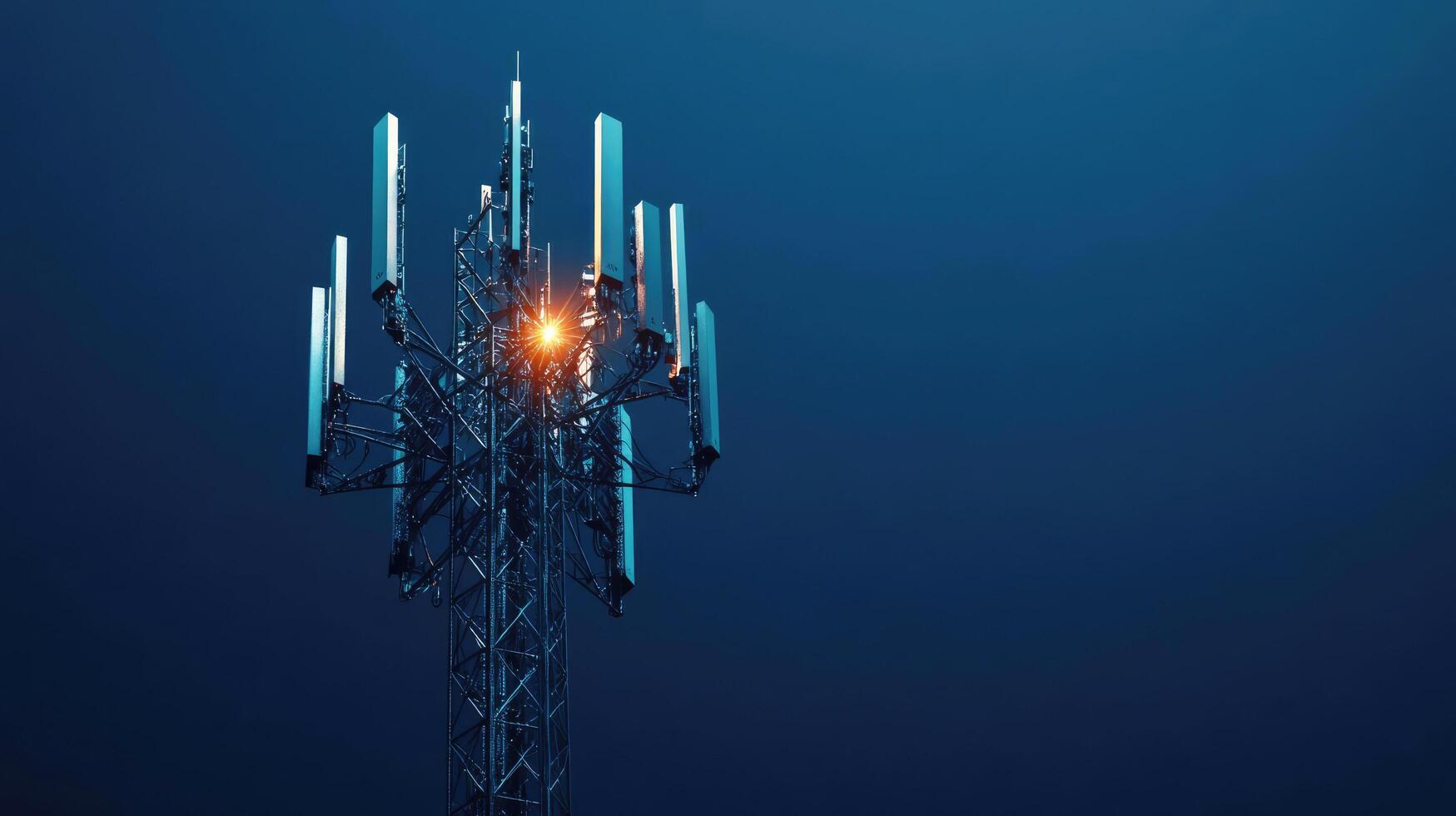 Technician performs maintenance on cellular tower during twilight photo