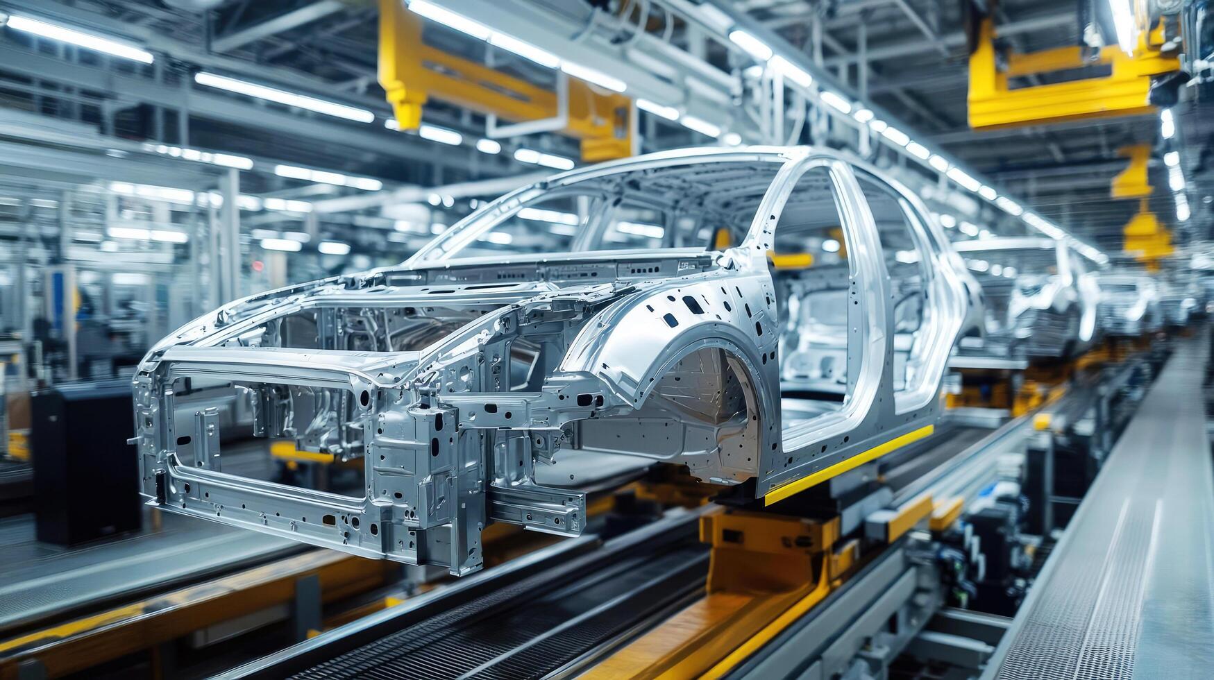 Modern automotive manufacturing process showcases skeletal car frames in assembly line photo