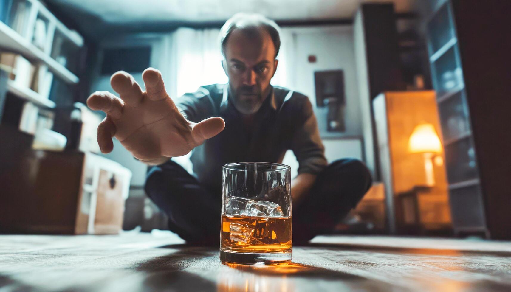 Struggling man reaches for a glass of whiskey in a dimly lit room during evening hours photo