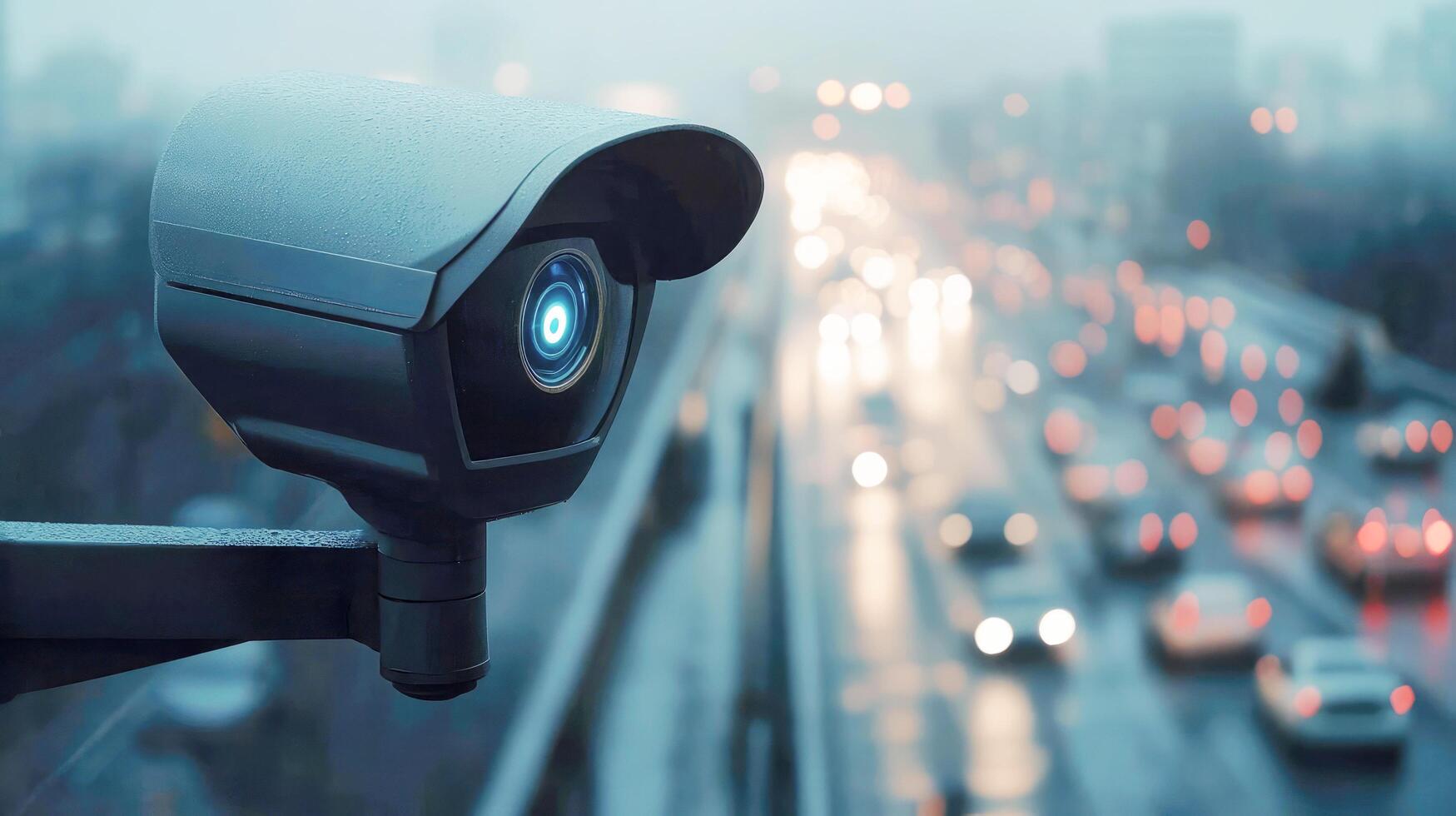 modern CCTV camera against the background of a blurred highway and moving cars photo