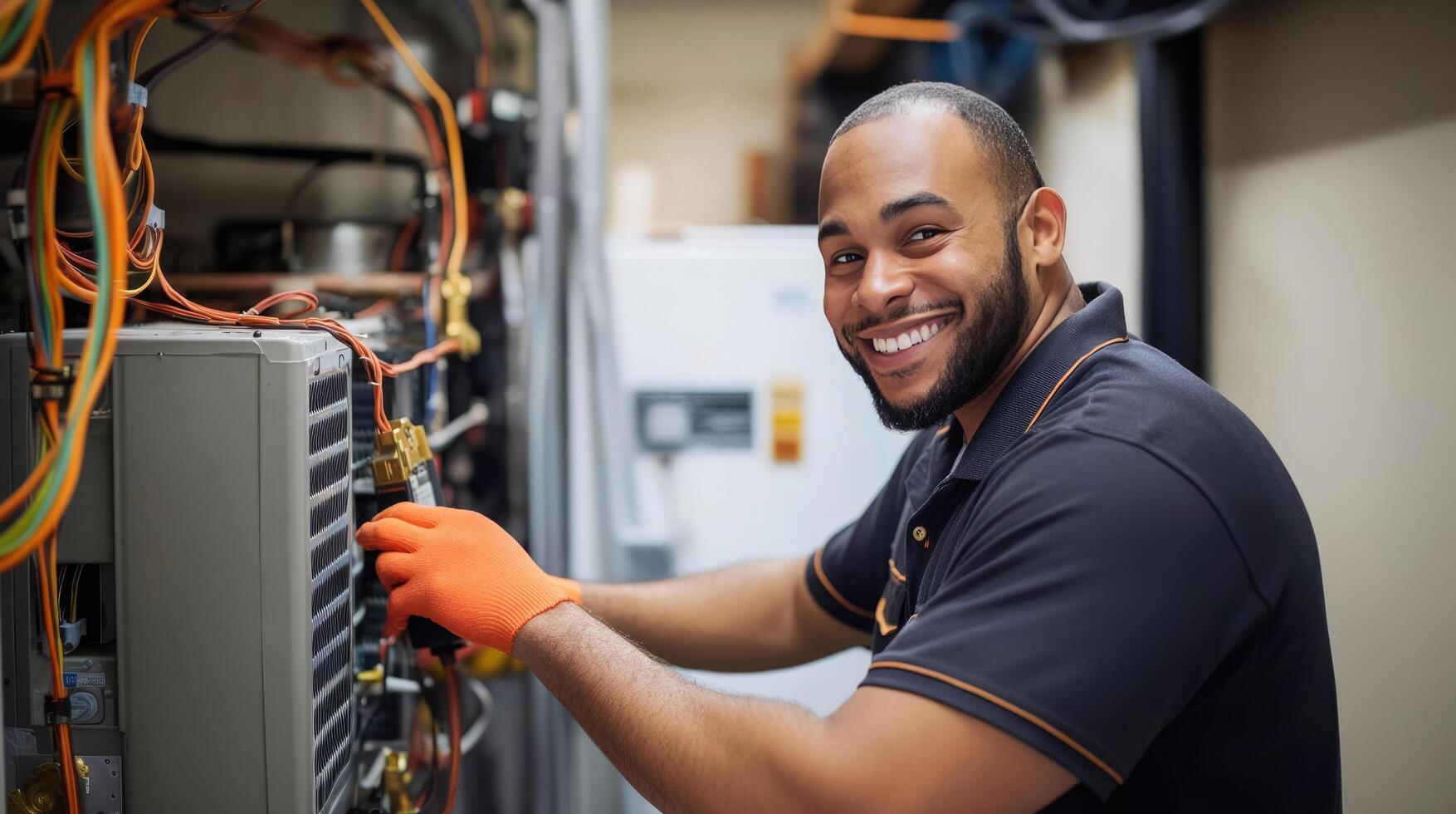 Technician servicing cooling unit in professional workshop during daytime hours photo