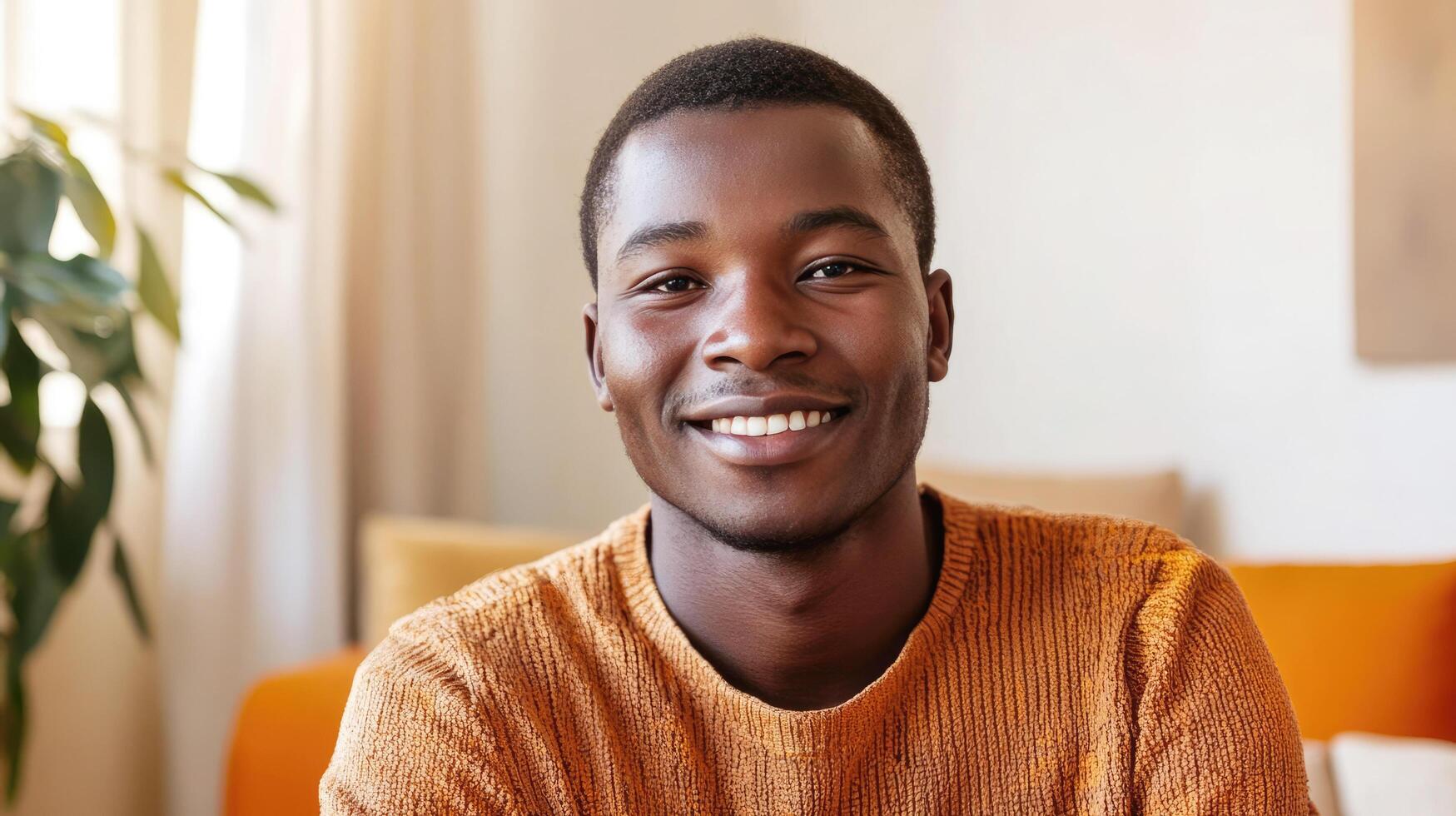 Smiling young man with cozy sweater in bright living room at home photo