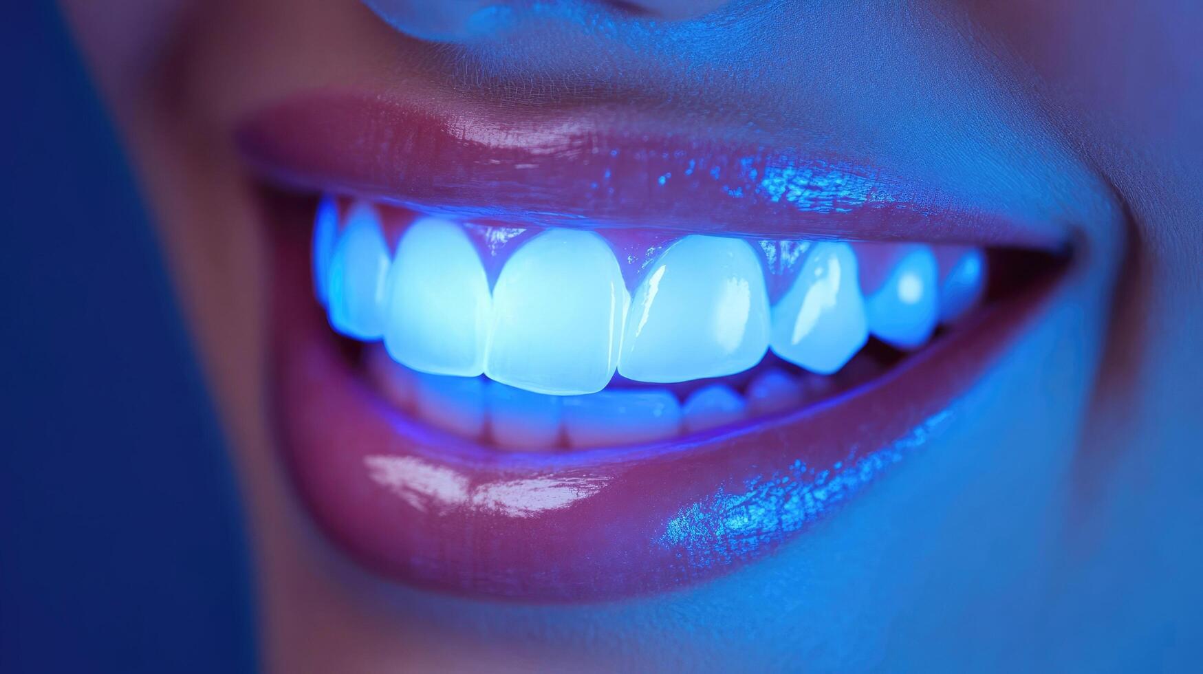 Close-up of smiling person with perfect white teeth under blue light highlighting effect of teeth whitening or oral care photo