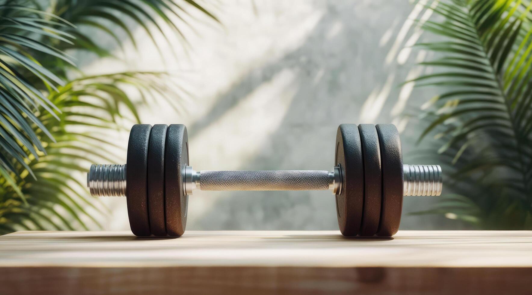 Equipment for strength training placed on a wooden table surrounded by lush greenery photo