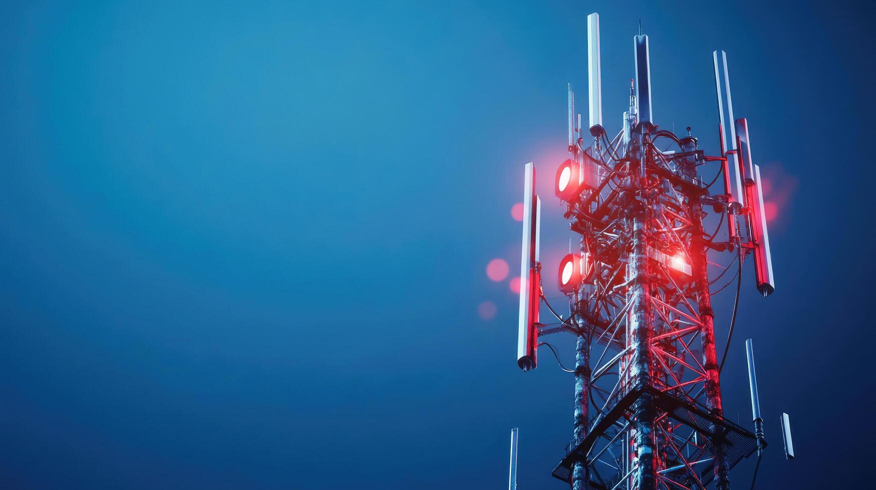 Communication tower stands tall against a darkening sky illuminated by red lights photo
