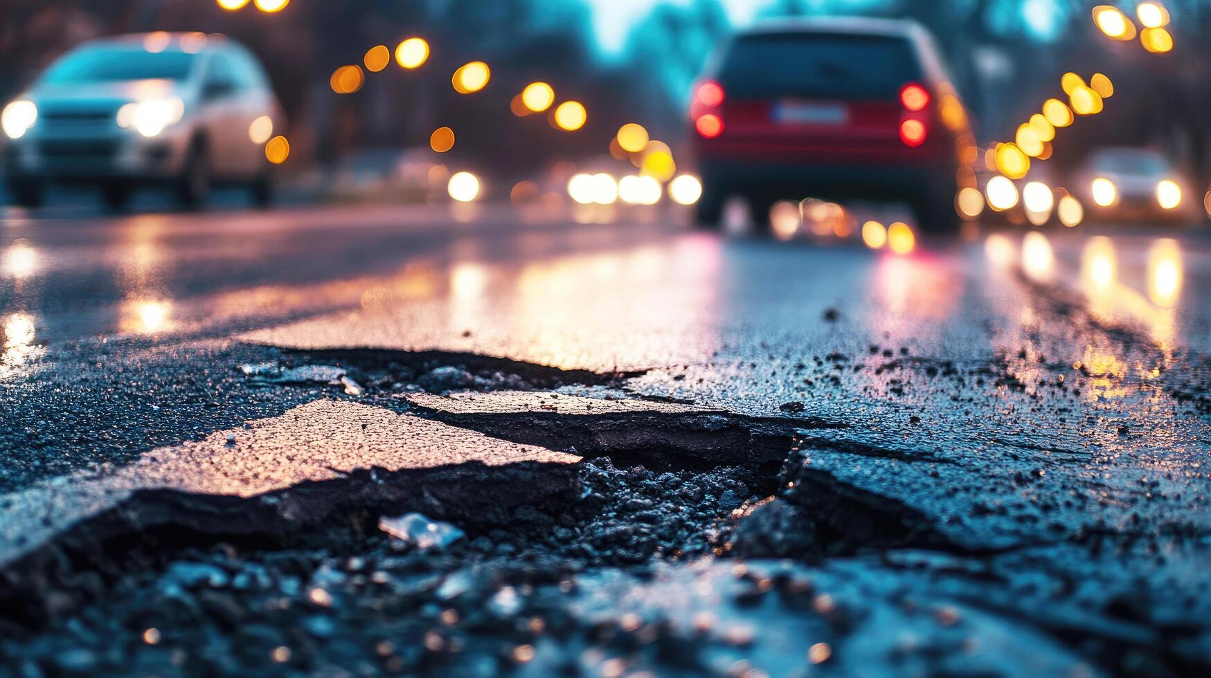 Road damage highlighted by evening lights and traffic near a city intersection photo