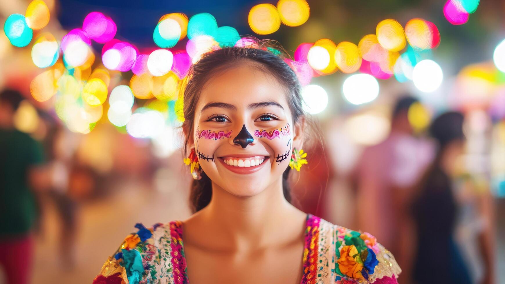 Smiling woman in colorful attire with face paint celebrating at a vibrant festival in the evening photo