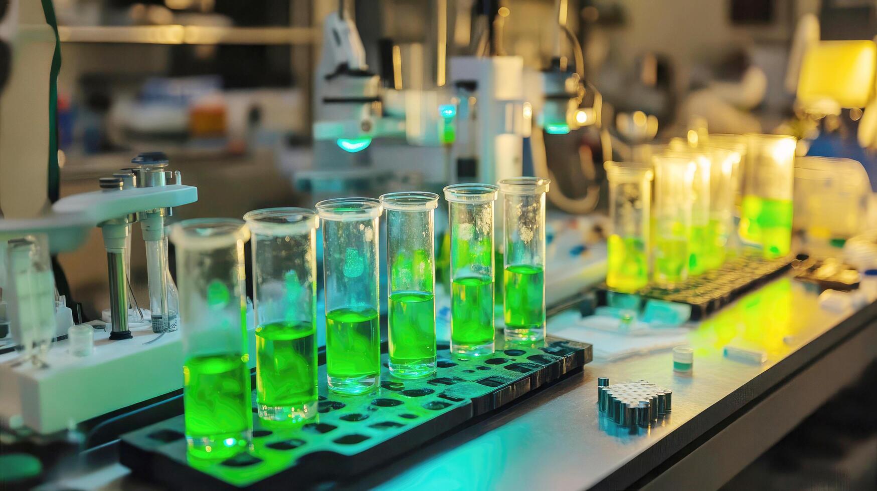 flasks with bright green liquid on a table in a laboratory. Spirulina research photo