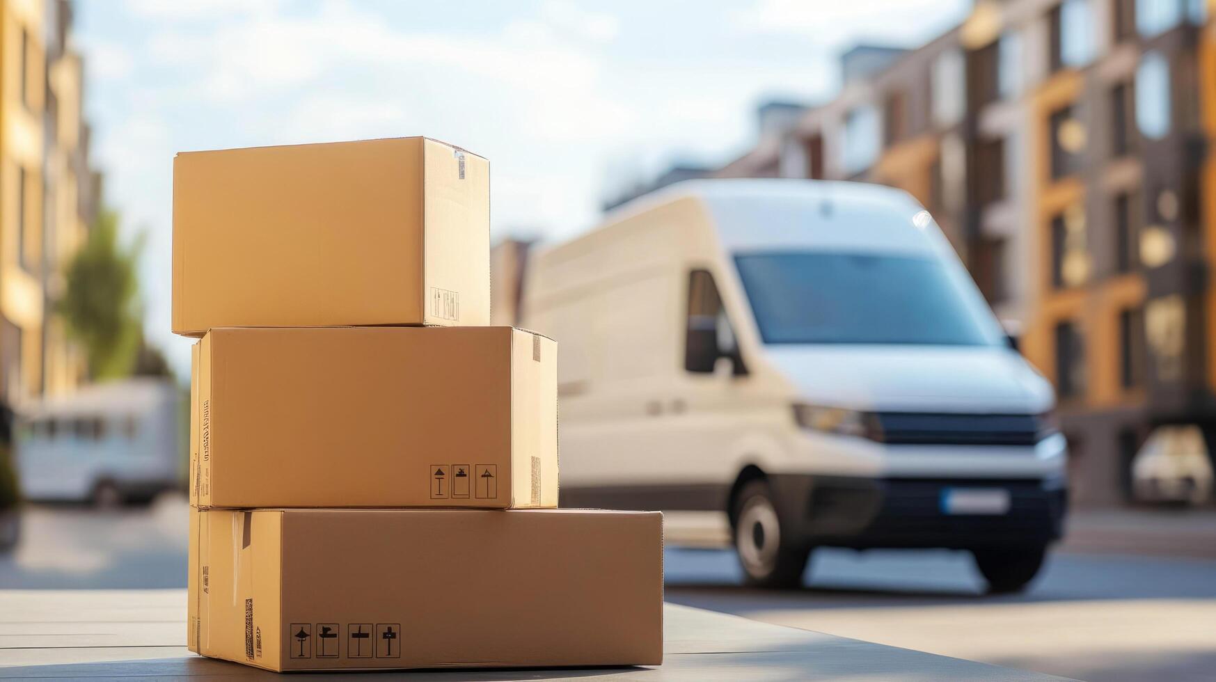 Delivery van parked near stacked cardboard boxes in an urban setting photo