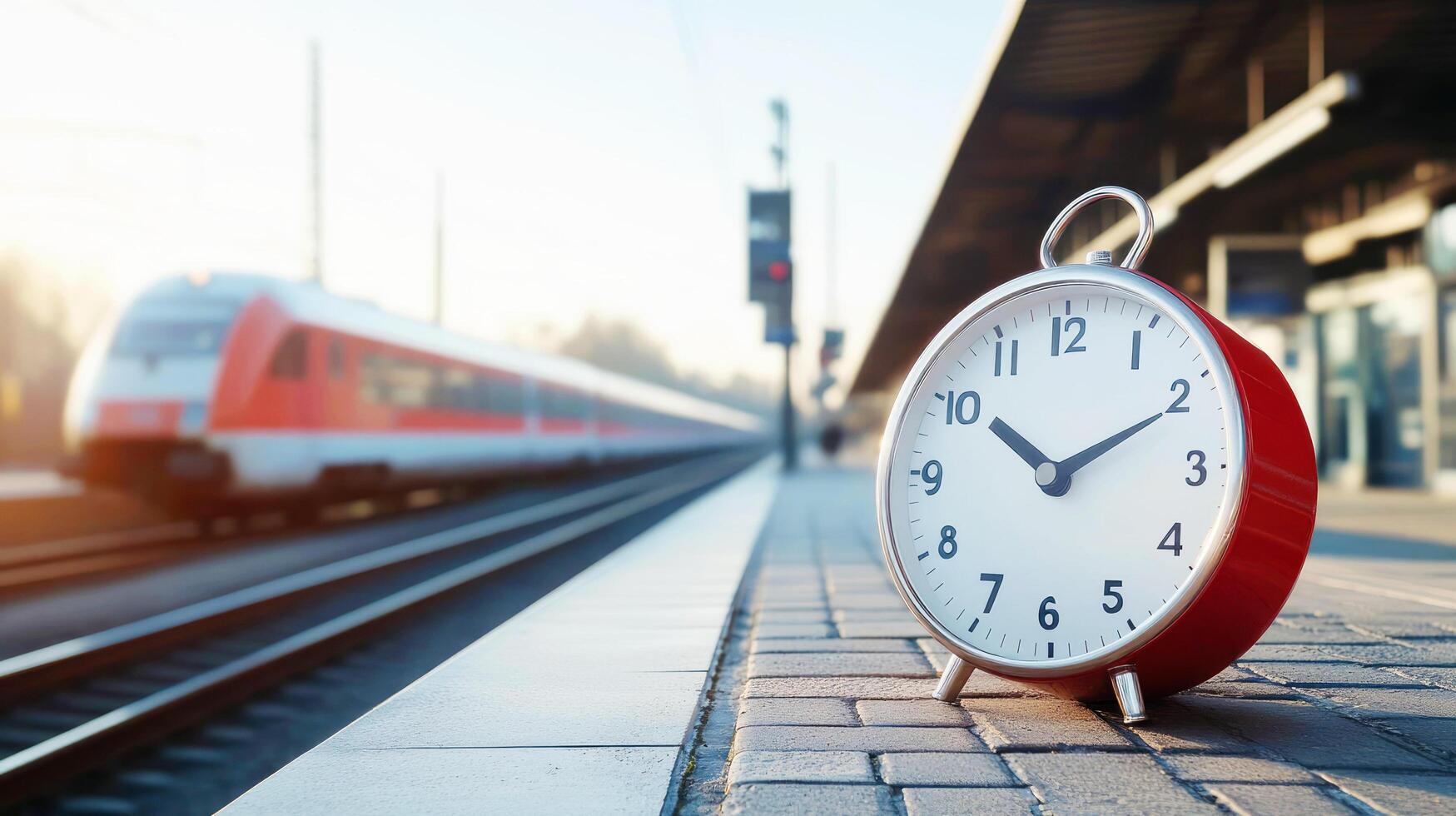 Clock on a train station platform as a train approaches during early morning light photo