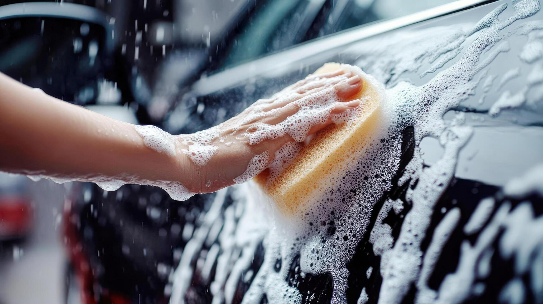 Hand scrubbing a car with soap in a rainy environment near home garage photo