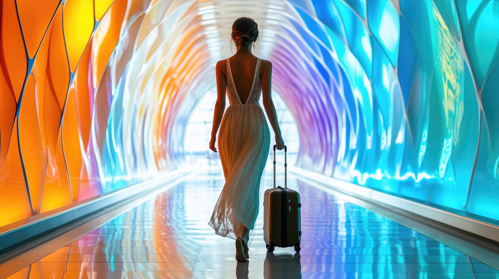 Traveling through a vibrant airport corridor with a suitcase in hand photo