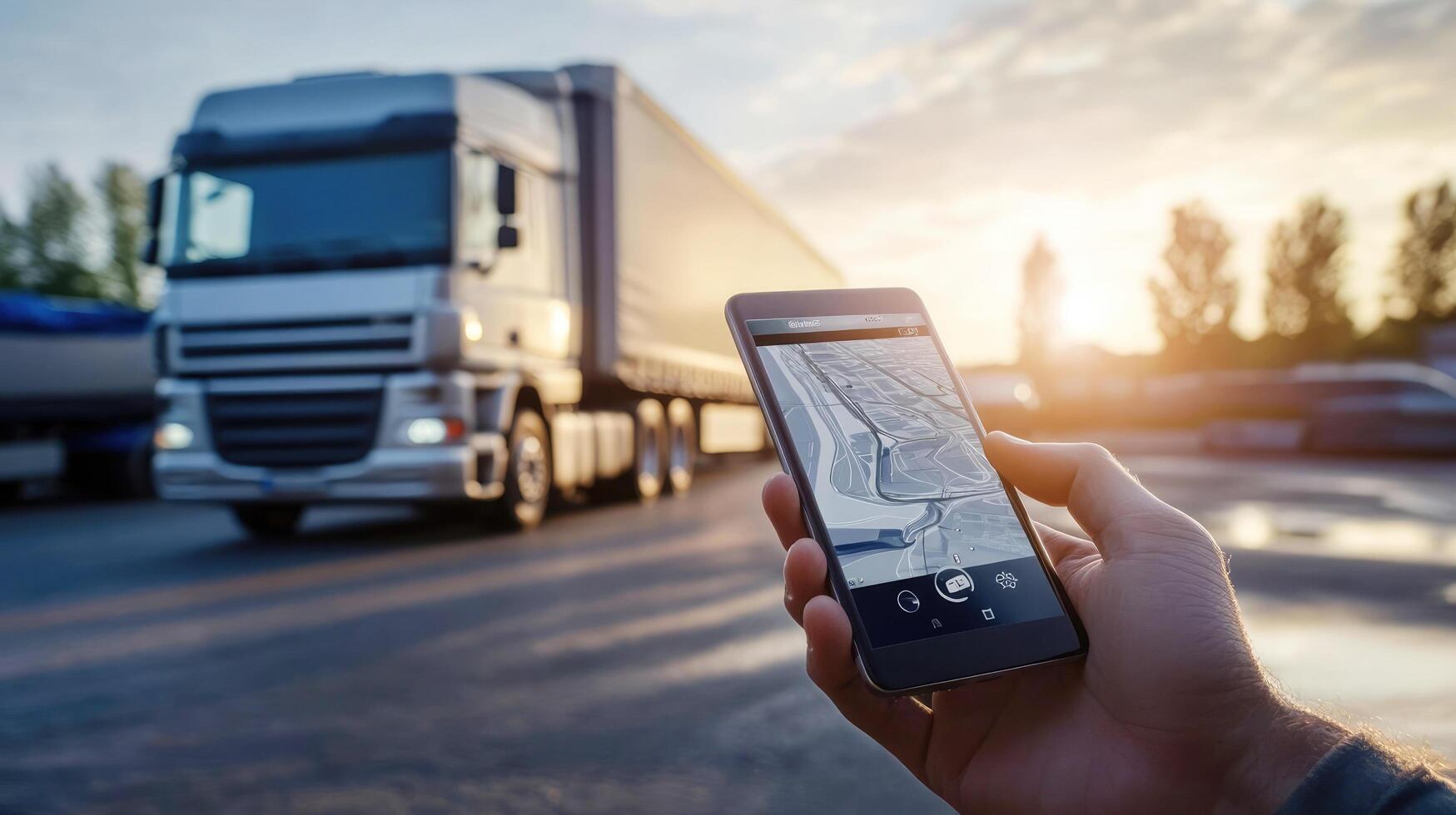 Truck driver using smartphone for navigation at sunset in a transport yard photo