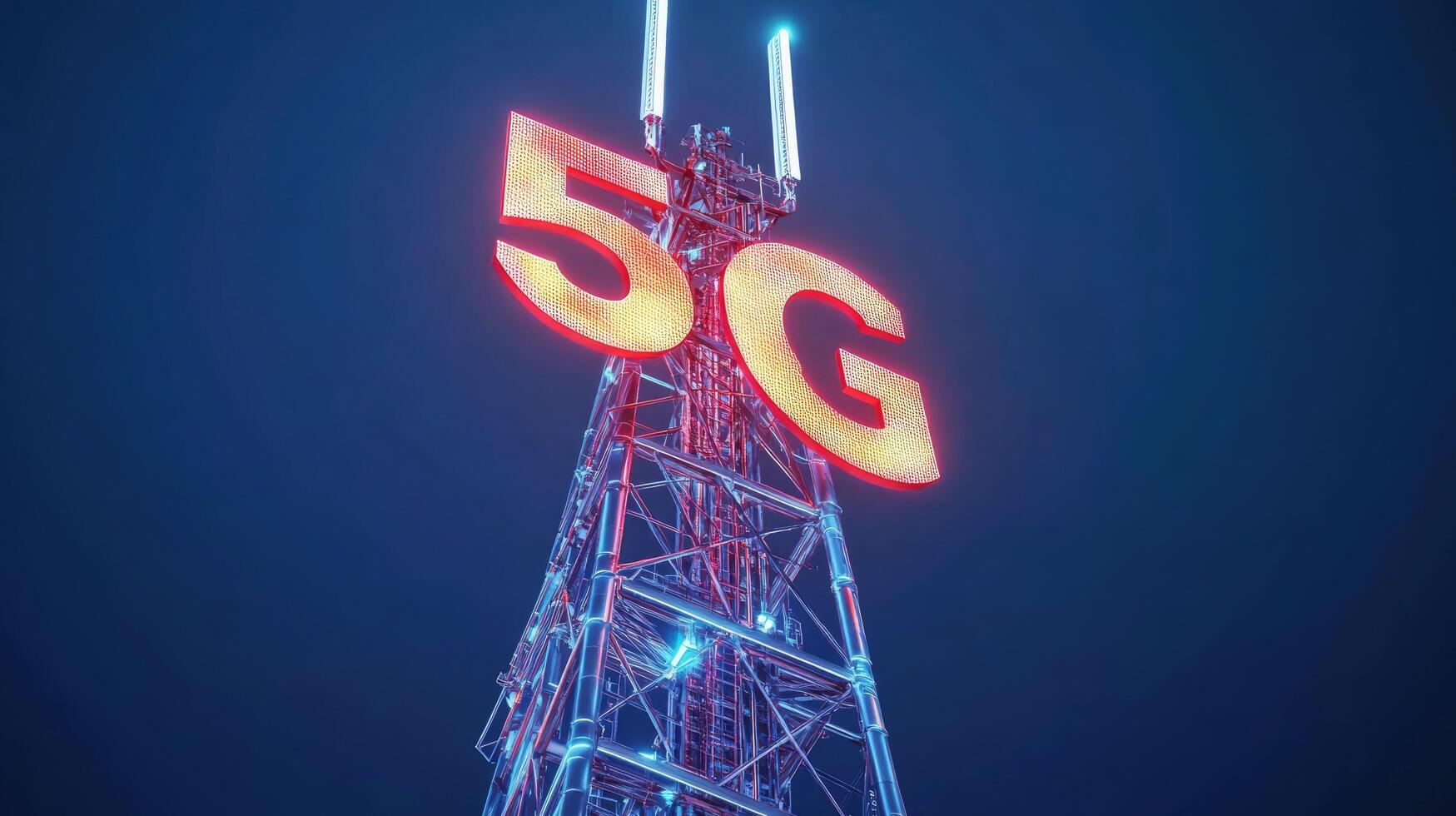 Telecommunication tower displays glowing 5G signal at night in urban area photo