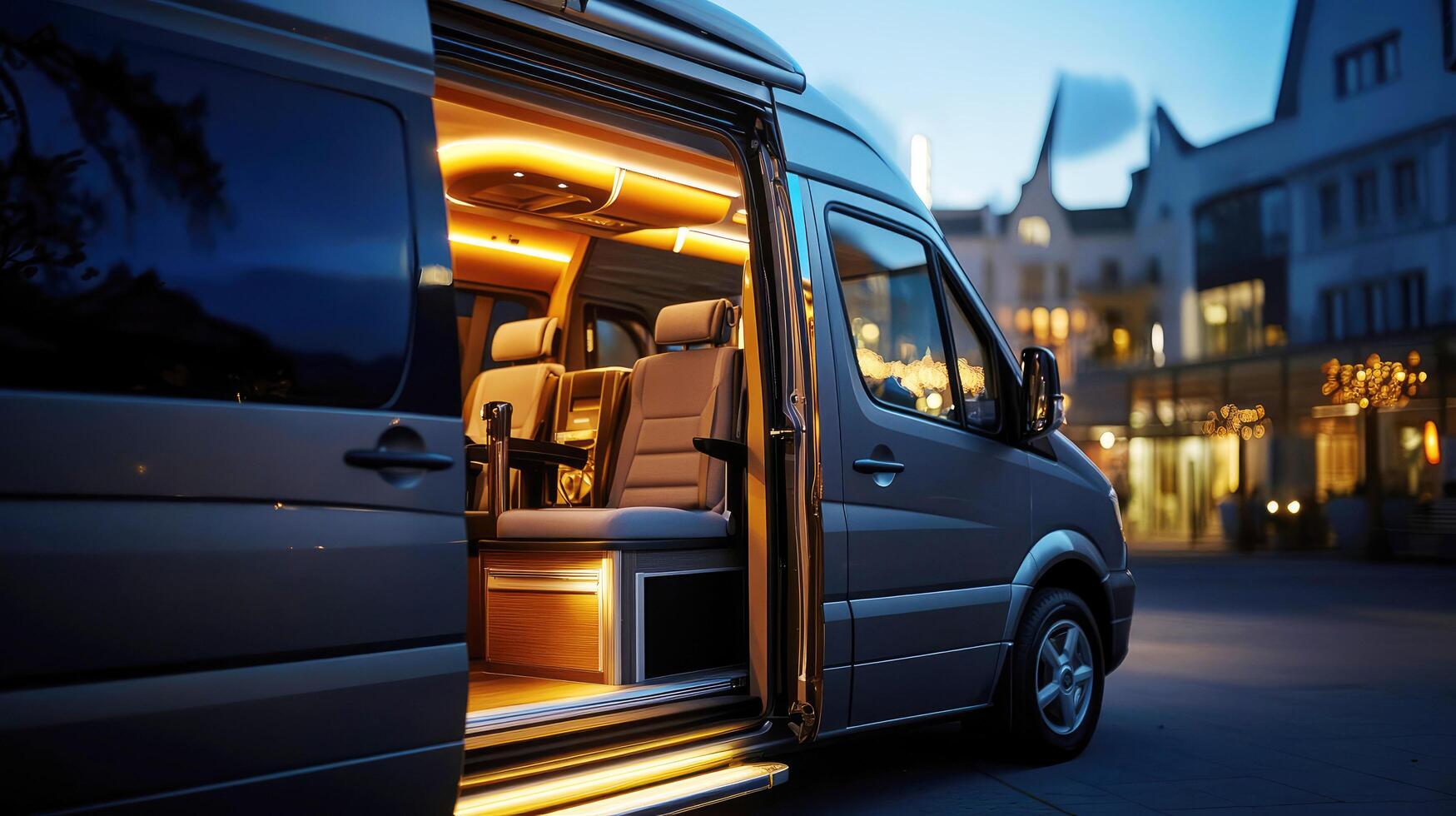 Luxurious van interior illuminated at dusk outside urban buildings with soft lighting photo