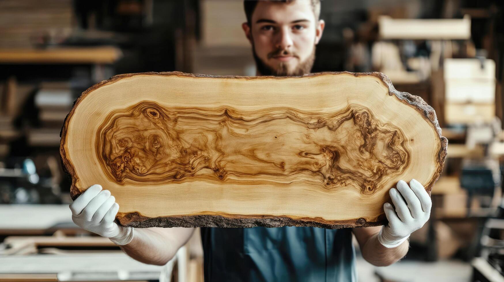carpenter in his workshop holds longitudinal slab of valuable wood photo