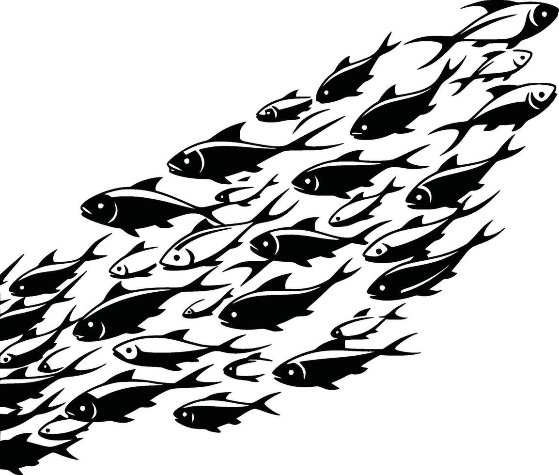 A graphic representation of a black mass of fish swimming in unison. vector
