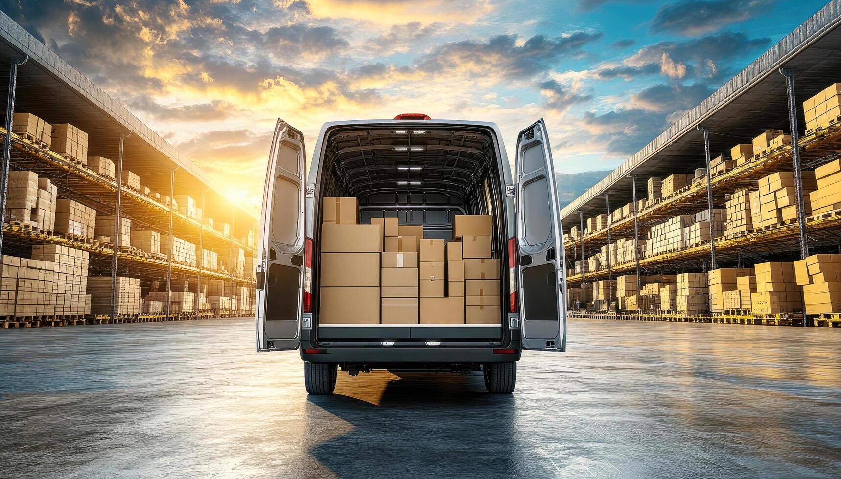 Delivery van loaded with packages at warehouse during sunset in a bustling distribution center photo