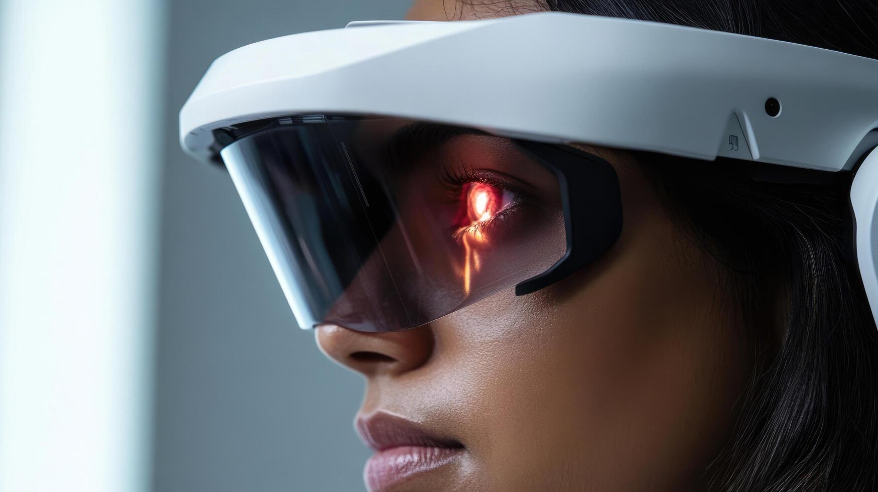 Woman is experiencing augmented reality through AR glasses showing a reflection in the lens. photo
