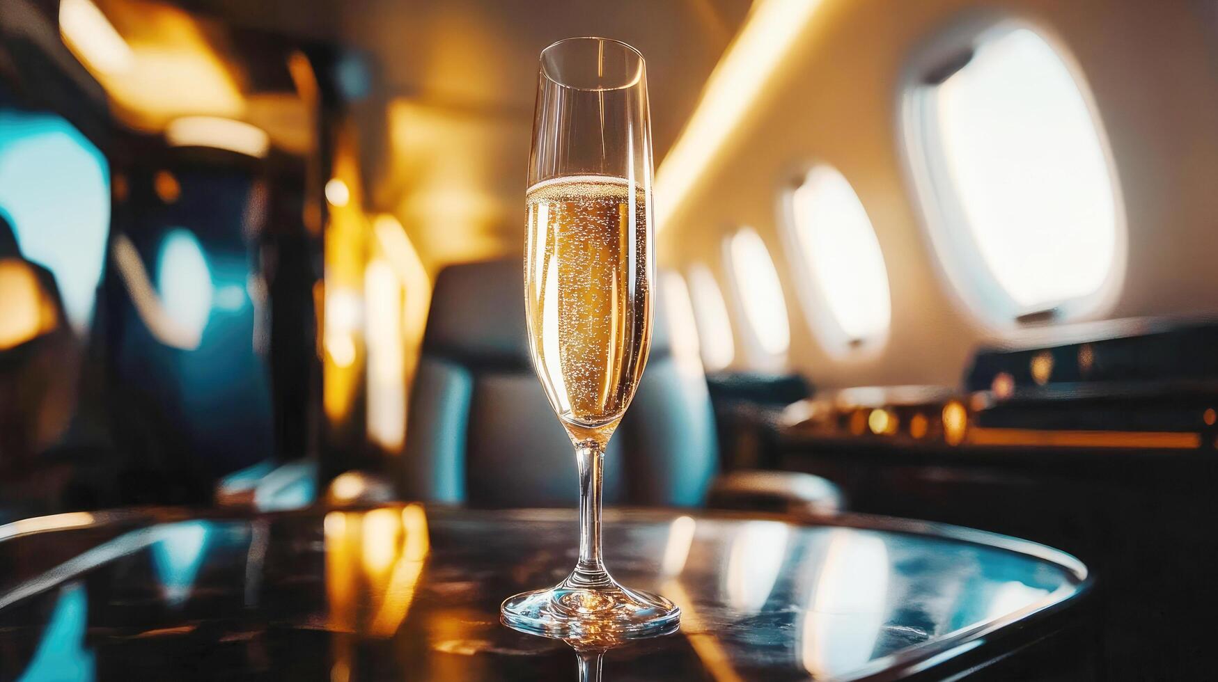 Enjoying champagne in a luxurious private jet during a scenic flight photo