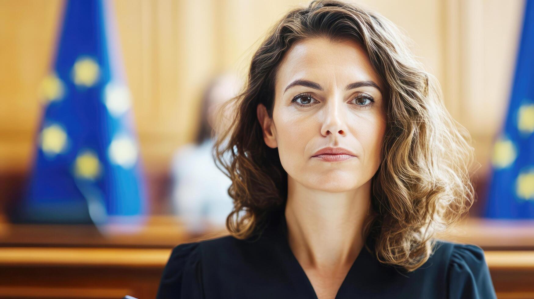 Mature businesswoman in courtroom with European Union flags in background photo
