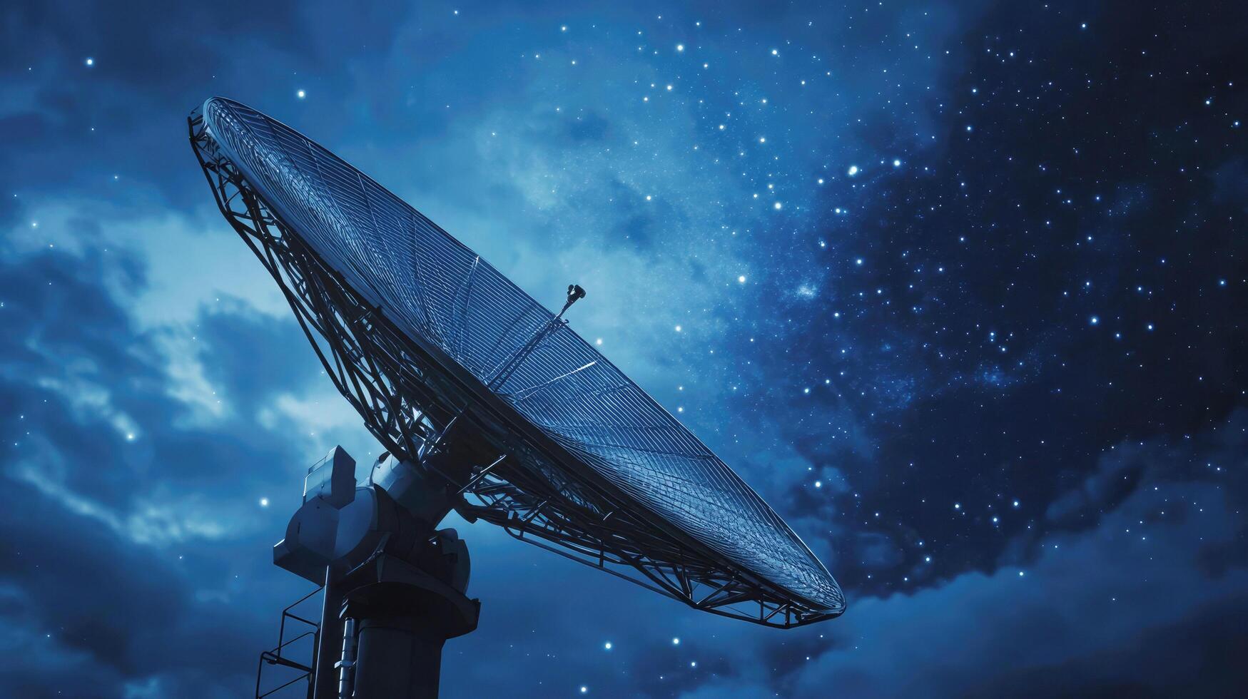 Night sky with satellite dish scanning stars in a remote location photo