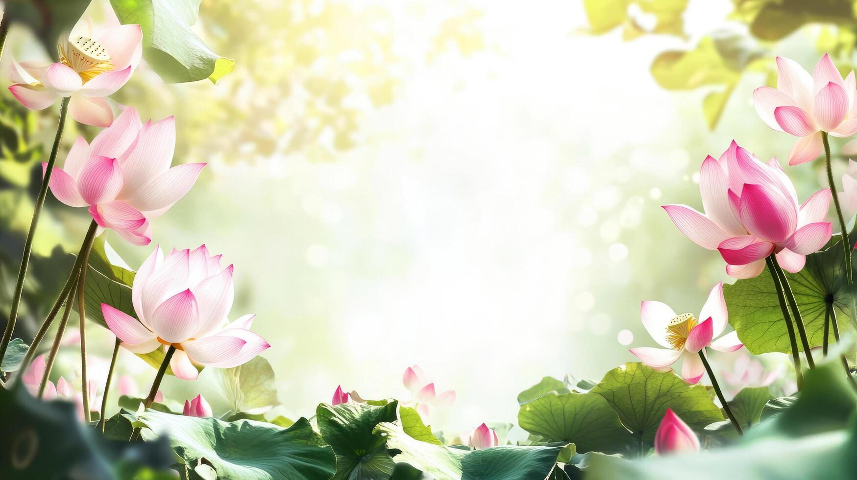 Beautiful lotus flowers blooming in serene garden at sunrise photo