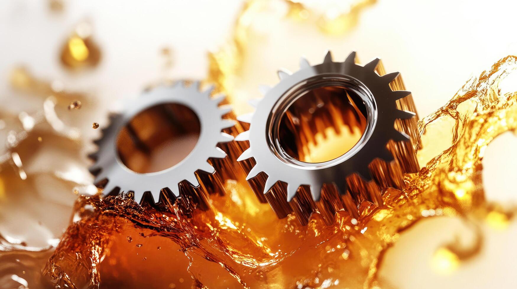 Metal gears splashing in clean motor oil create dynamic movement and visual impact photo
