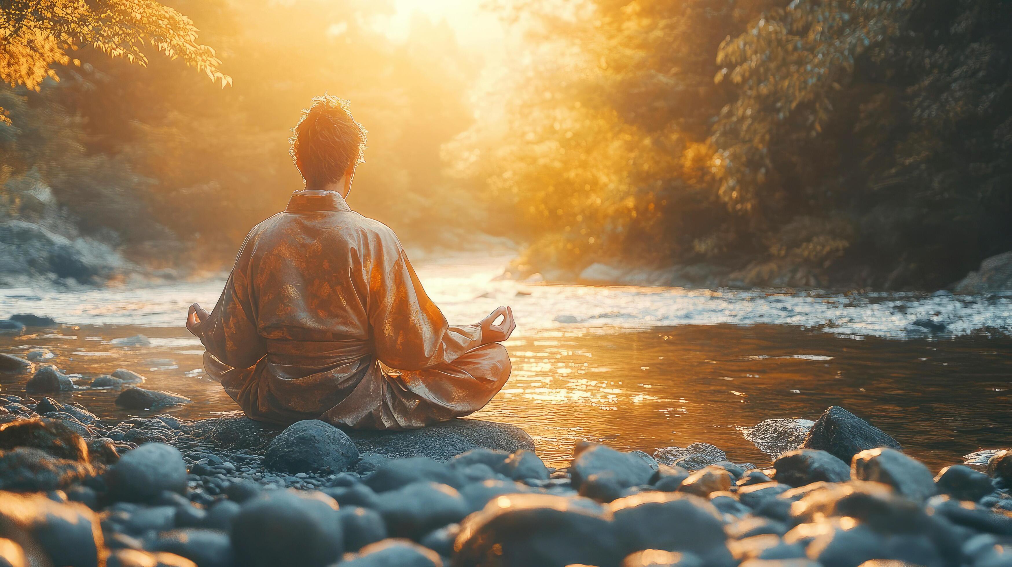 Serene kimono photography scene at sunset by river showing optimal natural lighting conditions with warm golden light illuminating traditional Japanese kimono in peaceful natural setting