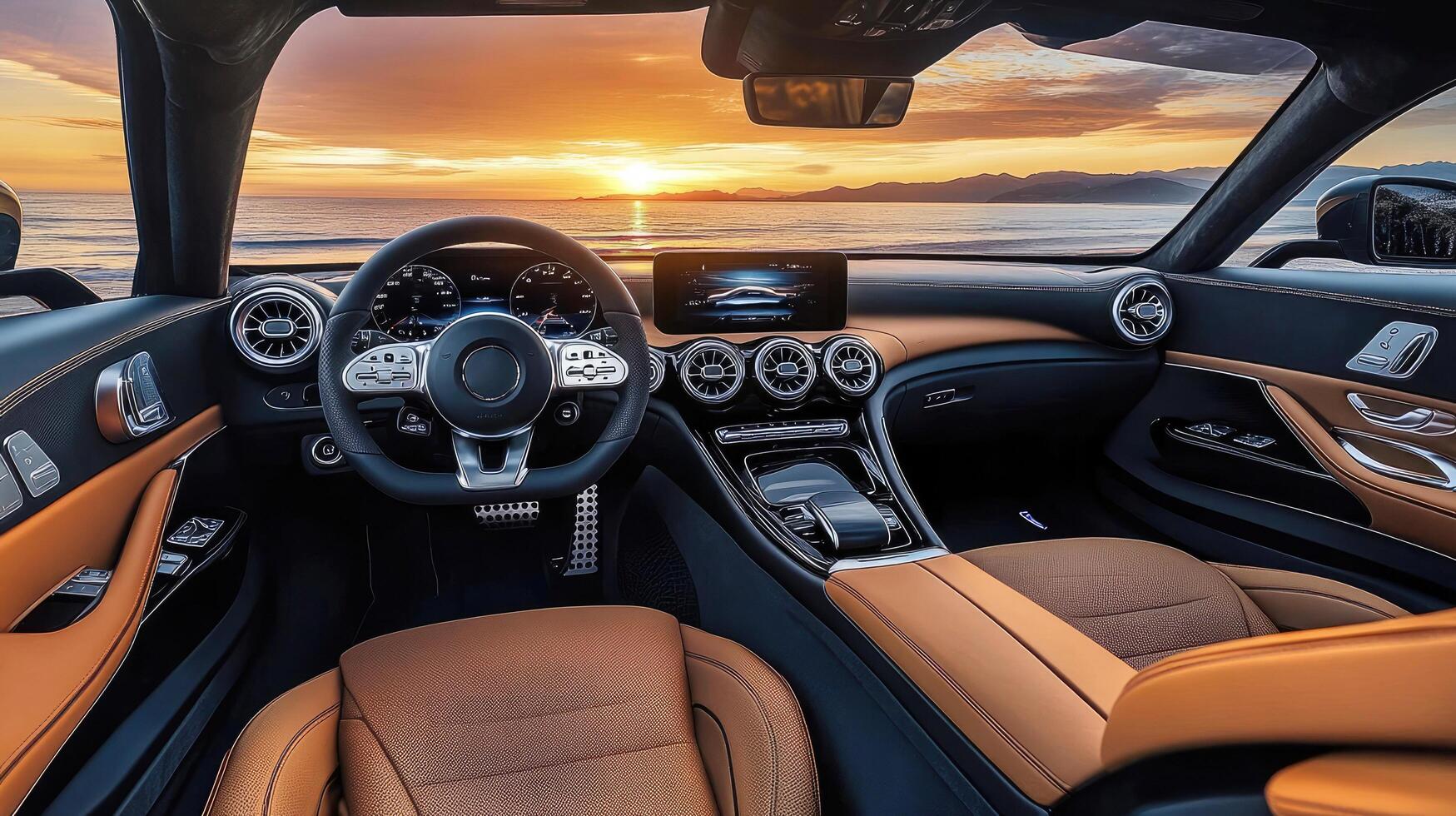 Luxury car interior with sunset view over ocean landscape photo