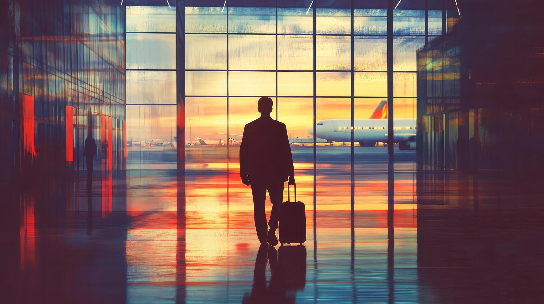 Rear view of man walking with suitcase in airport terminal, male traveler heading to plane photo