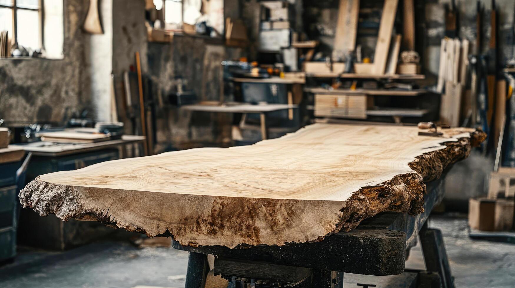 Woodworking workspace showcasing a large slab of natural wood on a sturdy table photo