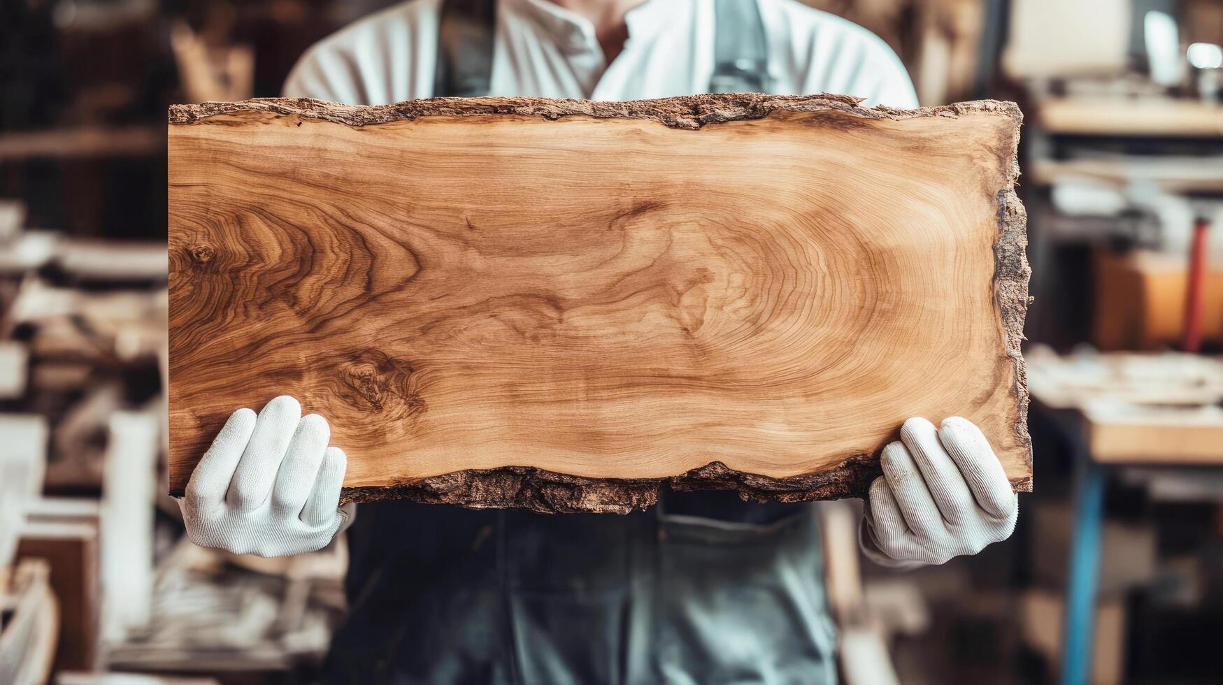Craftsperson presents a polished piece of wood in a workshop filled with tools and materials photo