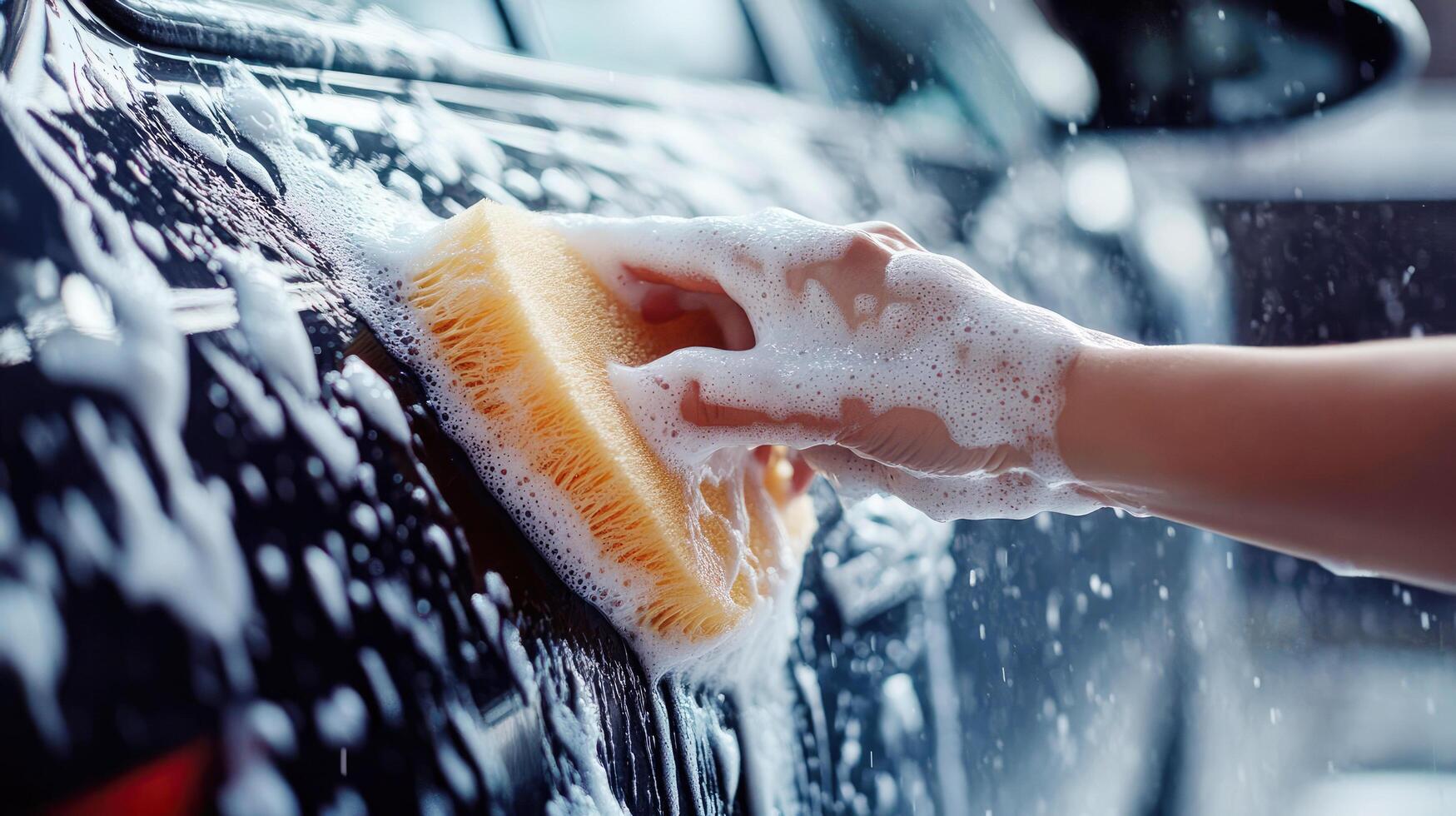 Hand scrubbing a car with soapy water during a rainy day in an outdoor wash area photo