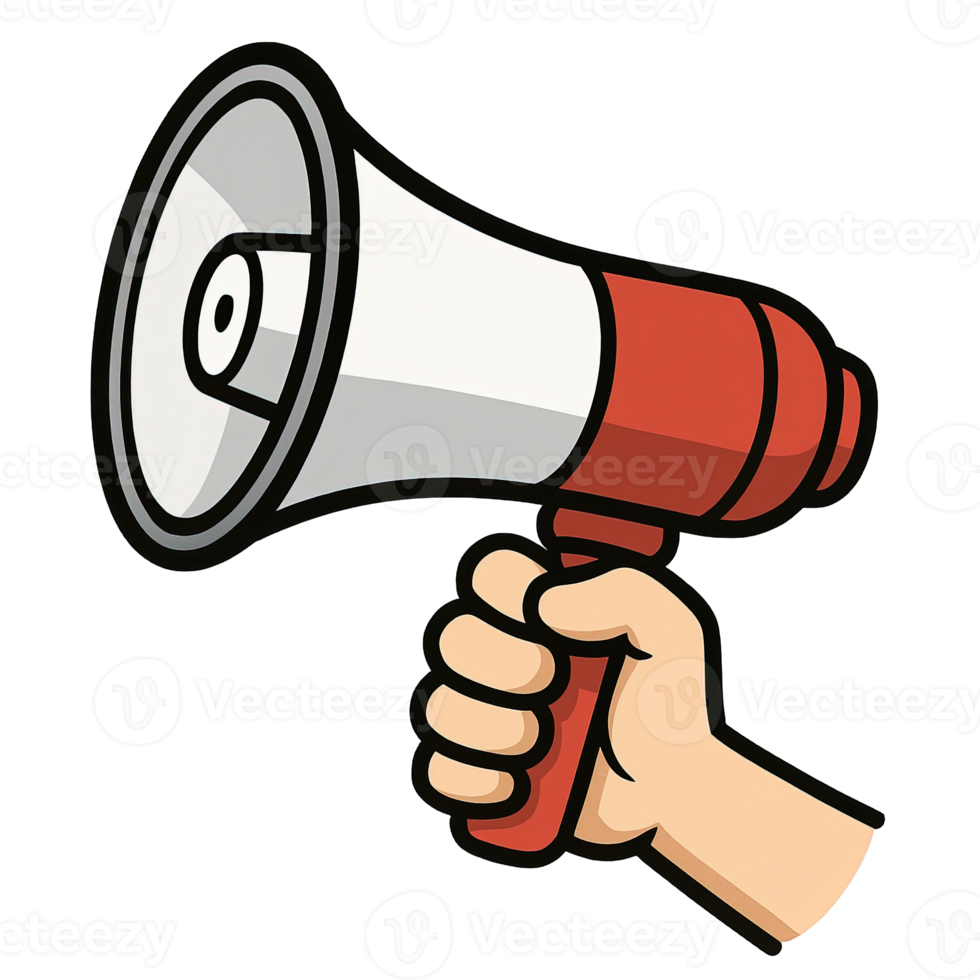 Hand holding a megaphone for announcement, loudspeaker symbol of communication, protest, public speech, activism, marketing, social message. png