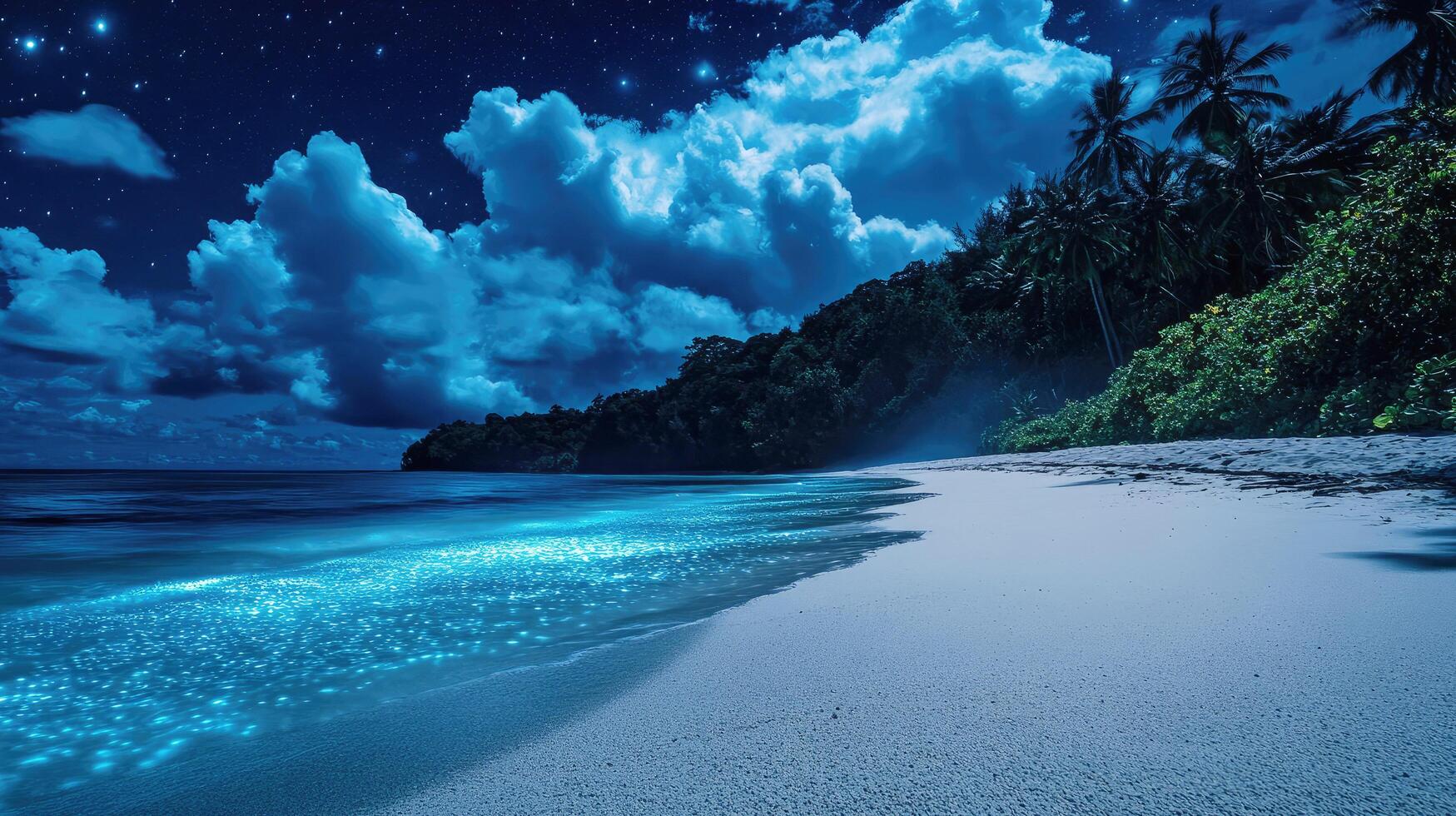A mesmerizing tropical beach at night, where bioluminescent glowing waves glow against the dark sea photo