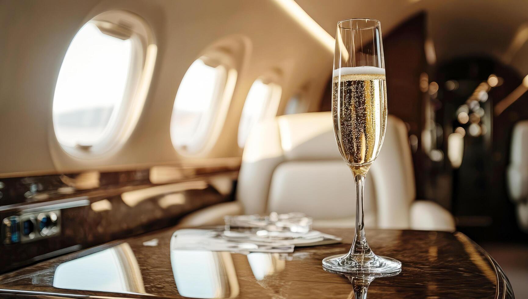 Luxurious private jet interior with champagne glass on polished table photo