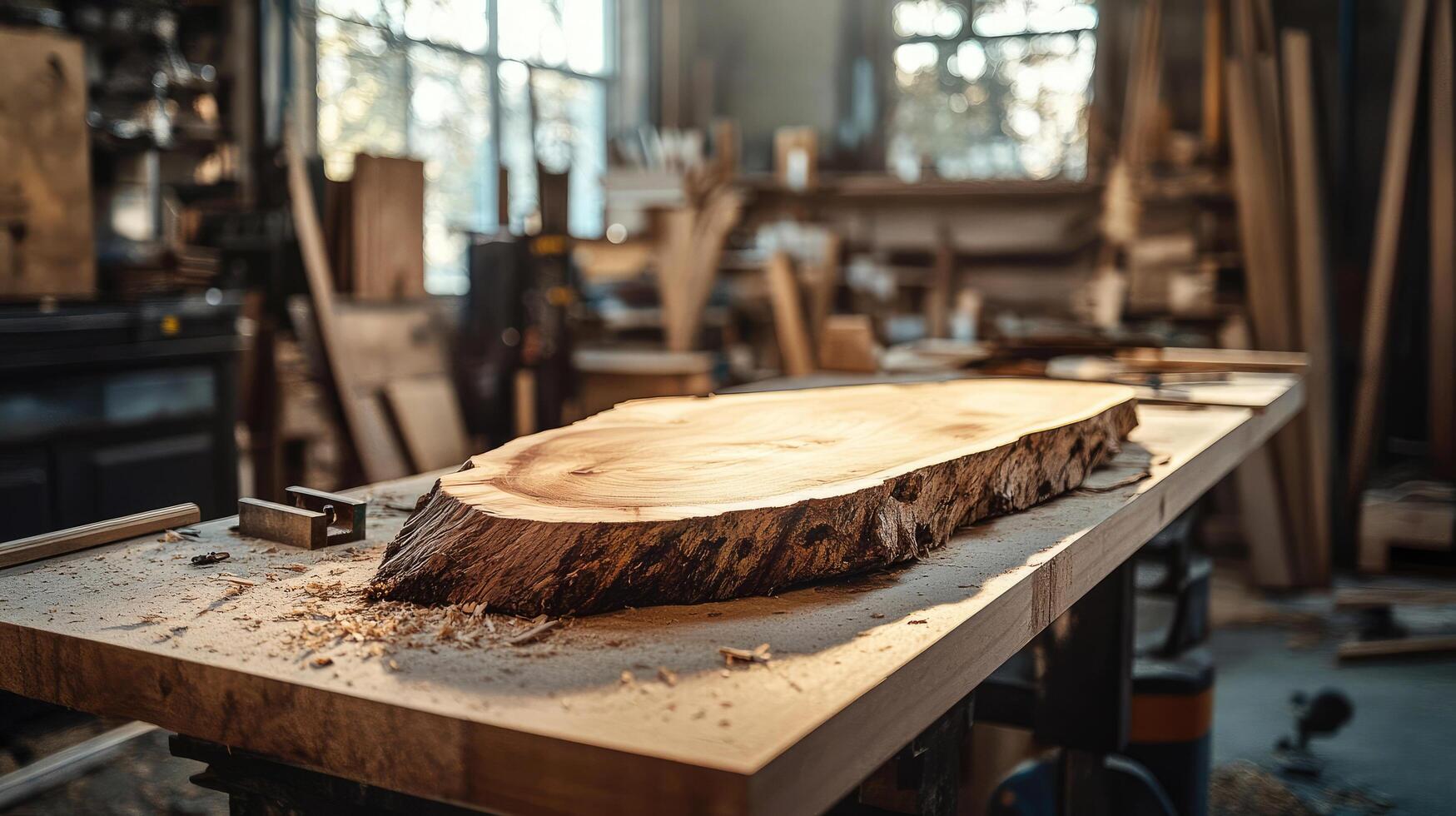 Skillful woodcraft in a sunlit workshop showcasing a freshly cut wooden slab photo