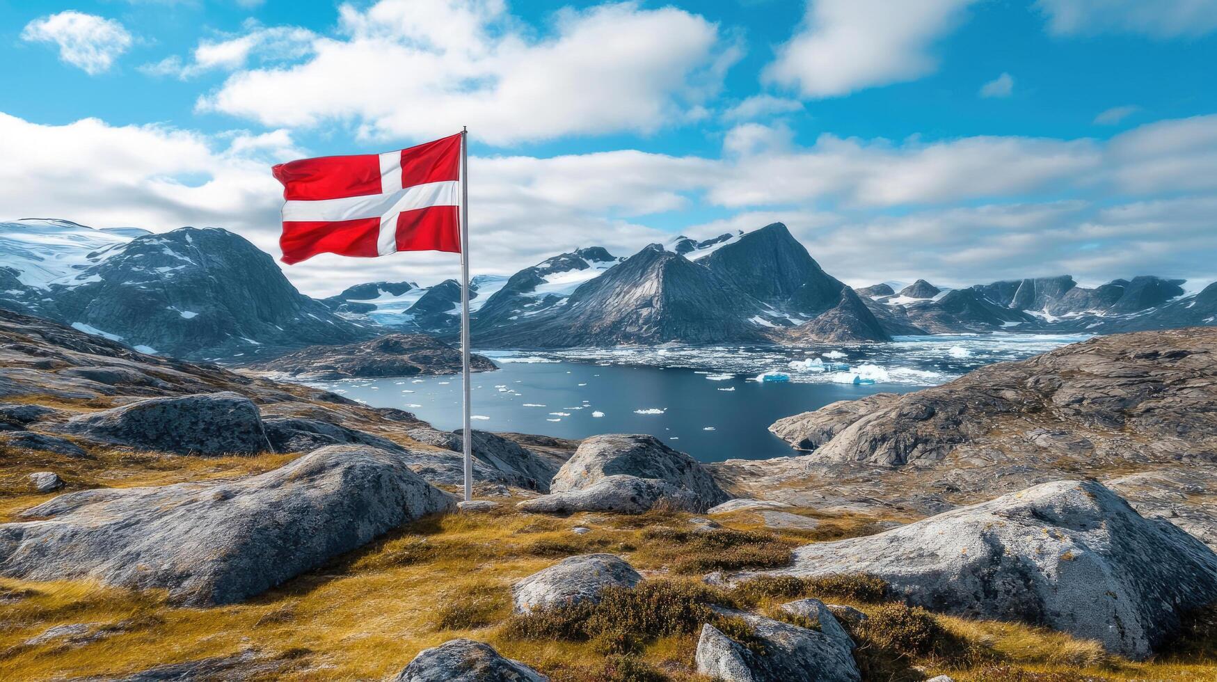 The Danish flag flies against a majestic arctic landscape of snow-capped mountains, glaciers and a cold fjord photo