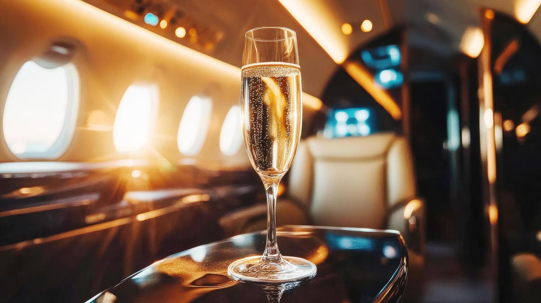 Luxurious interior of a private jet with a glass of sparkling drink at sunset photo