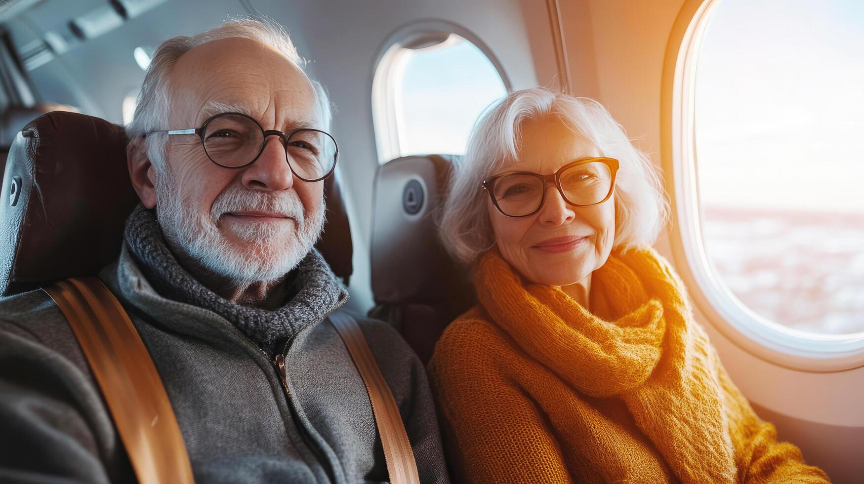 Elderly couple smiles while enjoying a flight with a view from the airplane window photo