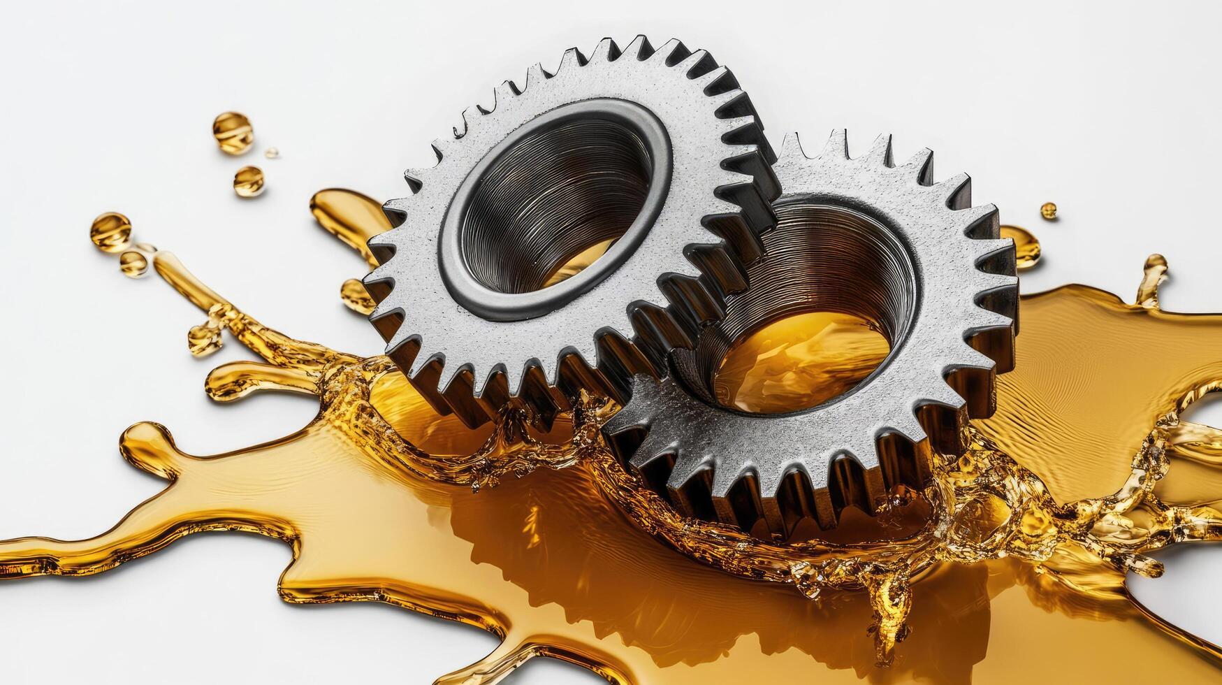Metal gears resting on oil puddle with splashes in industrial design photo