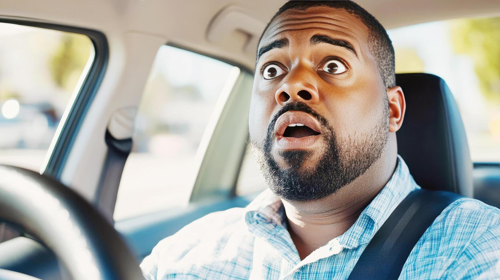 Driver shows surprise while behind the wheel during a sunny day photo