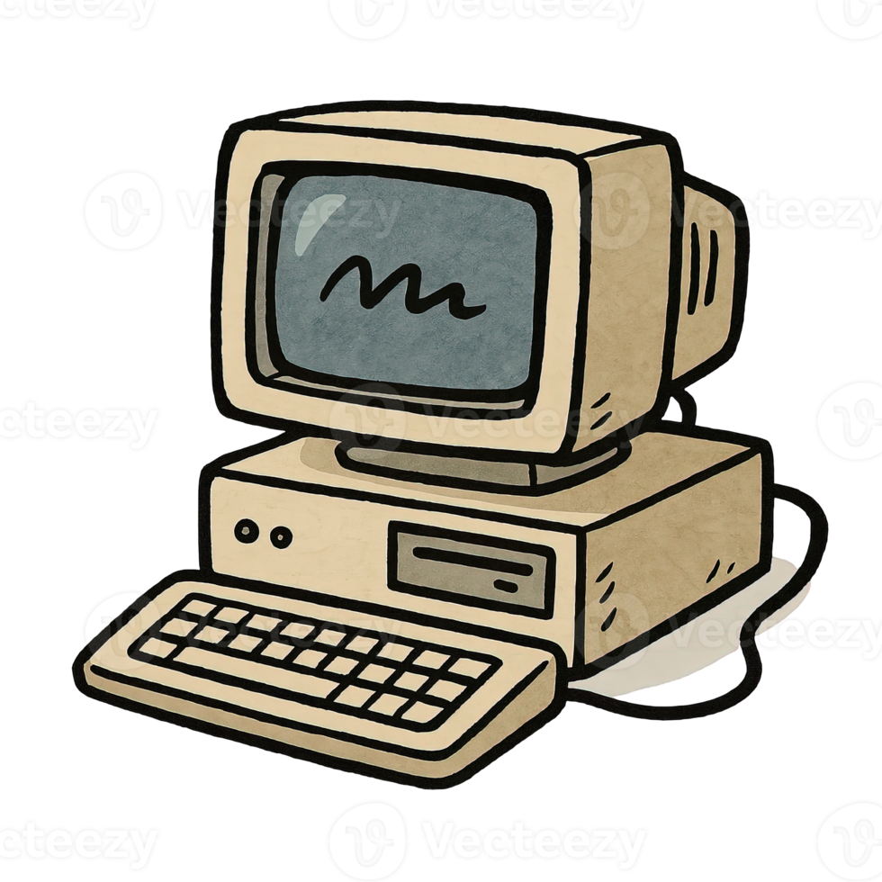Retro computer and vintage PC illustration, old technology cartoon computer in 80s computer style for tech, design, and nostalgia themes png